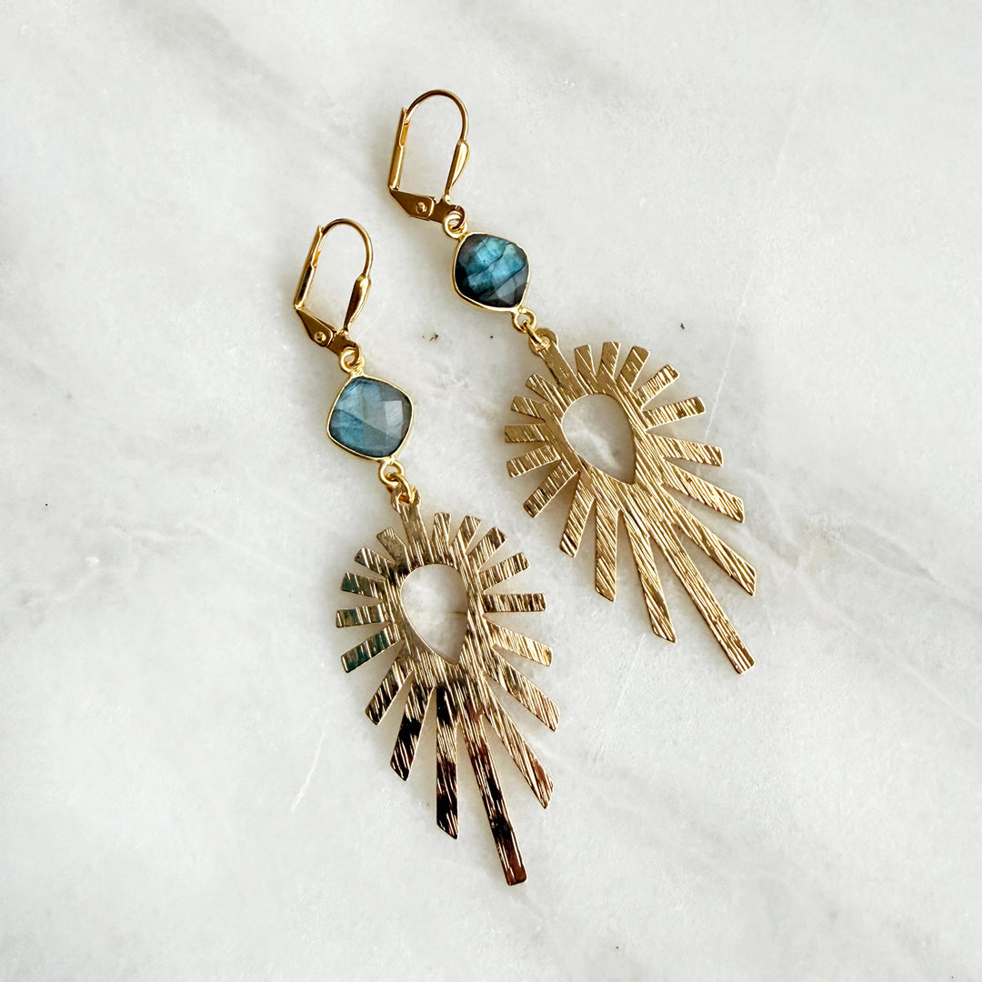 Labradorite Sunburst Statement Earrings in Brushed Gold