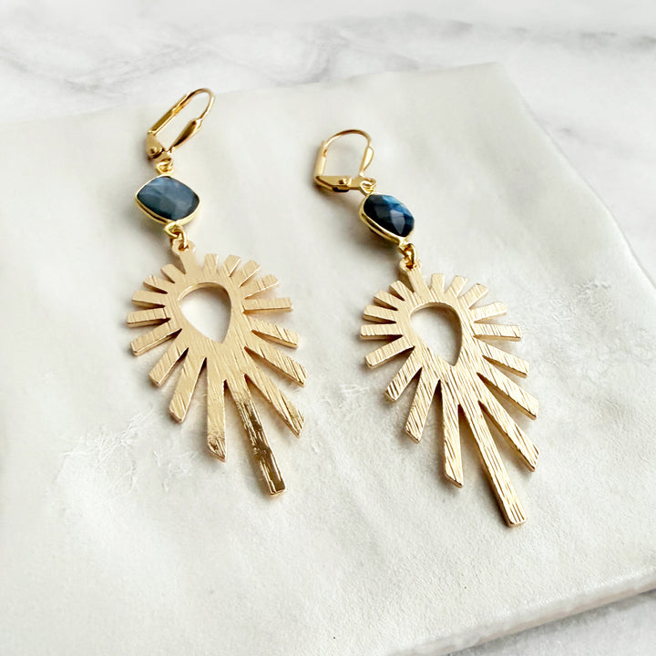 Labradorite Sunburst Statement Earrings in Brushed Gold