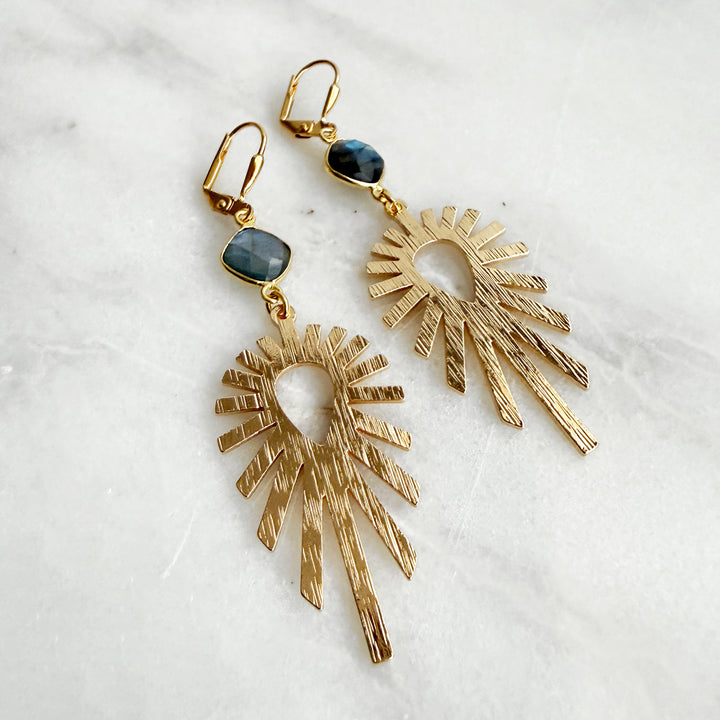 Labradorite Sunburst Statement Earrings in Brushed Gold
