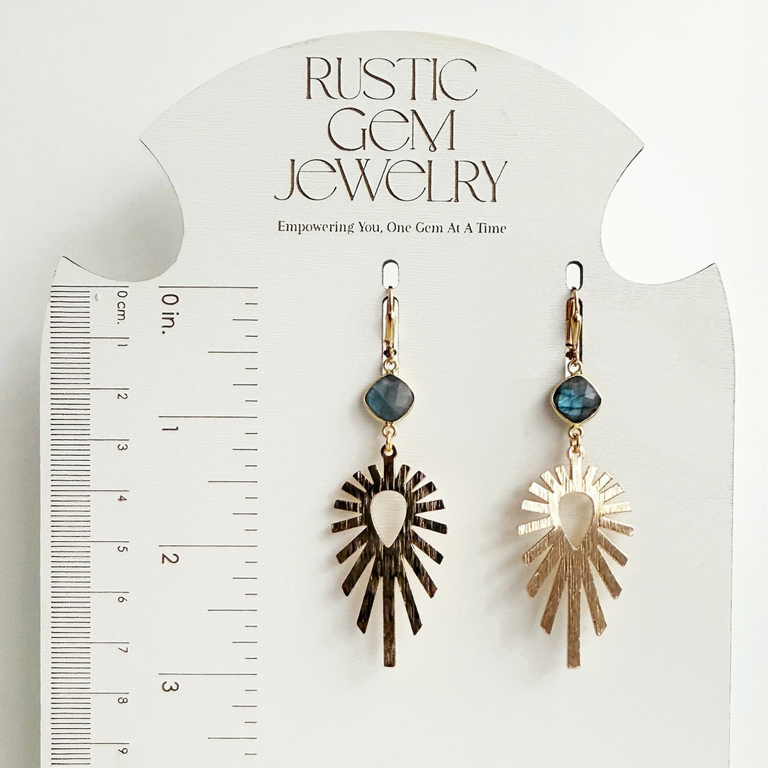Labradorite Sunburst Statement Earrings in Brushed Gold