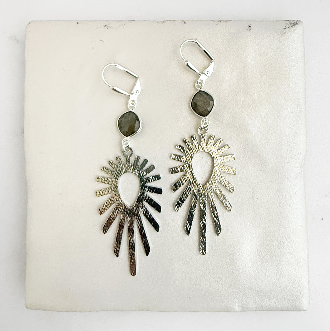 Labradorite Sunburst Statement Earrings in Brushed Silver