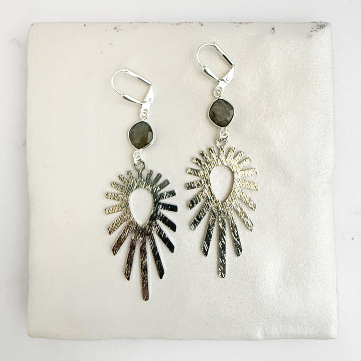Labradorite Sunburst Statement Earrings in Brushed Silver