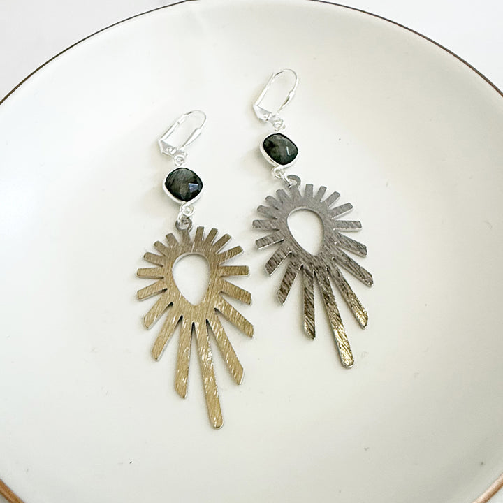 Labradorite Sunburst Statement Earrings in Brushed Silver