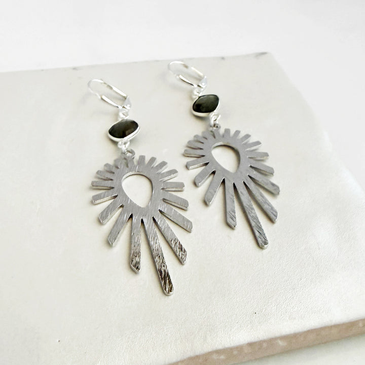 Labradorite Sunburst Statement Earrings in Brushed Silver