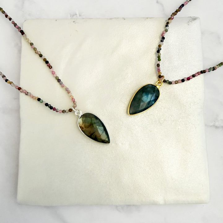Labradorite Teardrop and Tourmaline Beaded Necklace