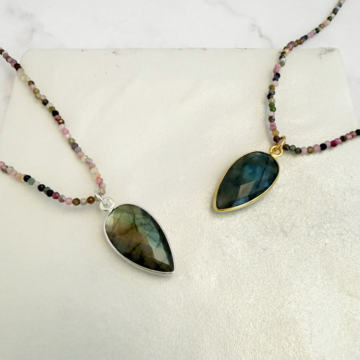 Labradorite Teardrop and Tourmaline Beaded Necklace