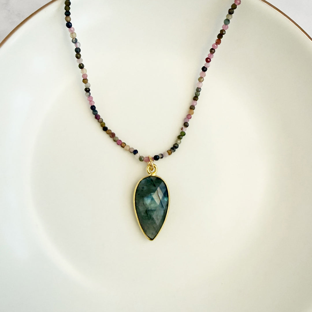 Labradorite Teardrop and Tourmaline Beaded Necklace