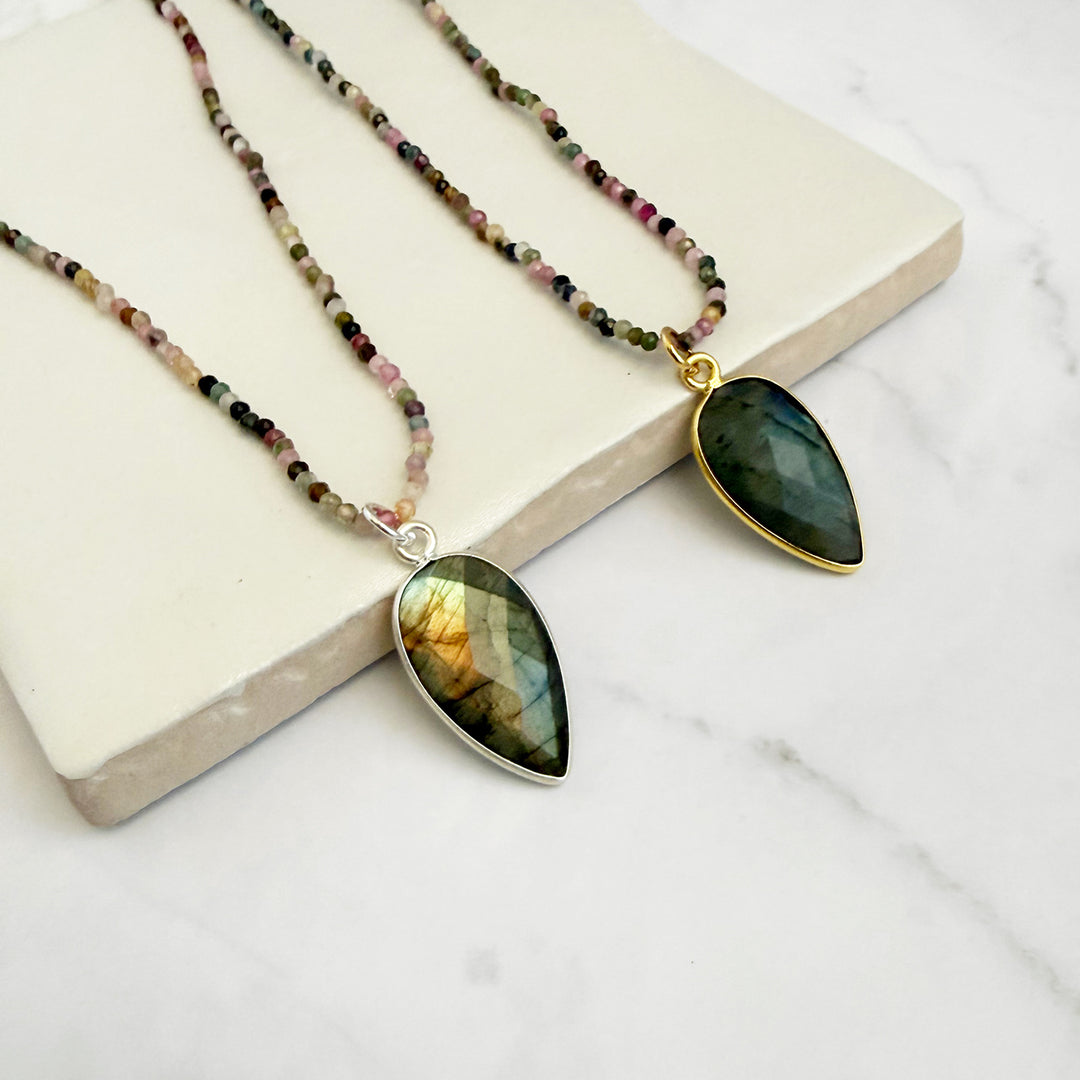 Labradorite Teardrop and Tourmaline Beaded Necklace