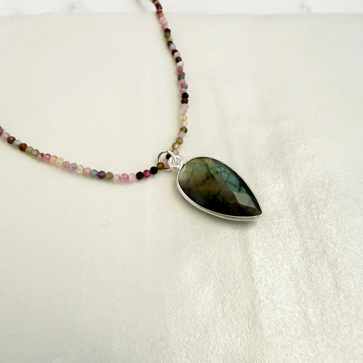 Labradorite Teardrop and Tourmaline Beaded Necklace