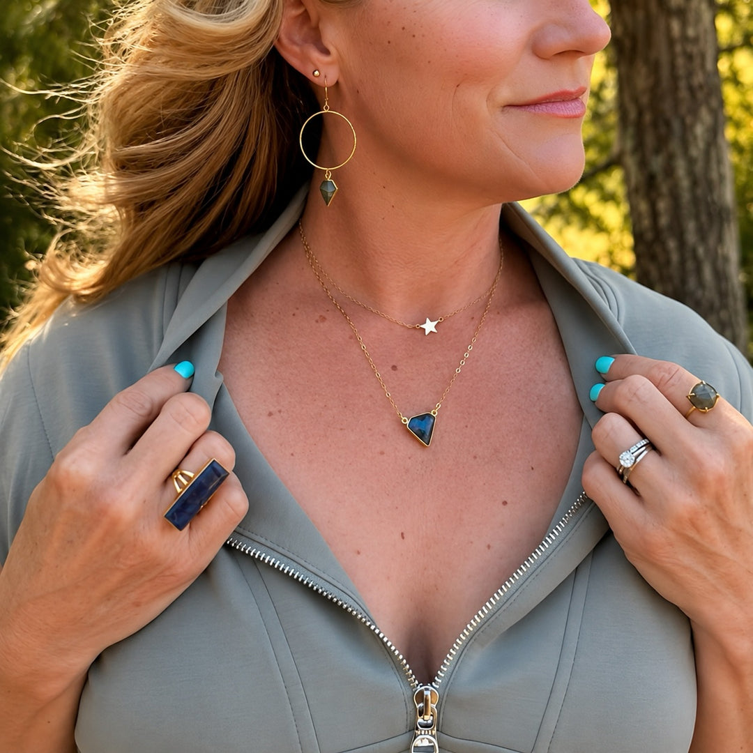 Labradorite Triangle Bezel Necklace in Gold and Silver