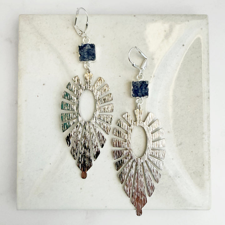 Large Blue Druzy Sunburst Statement Earrings