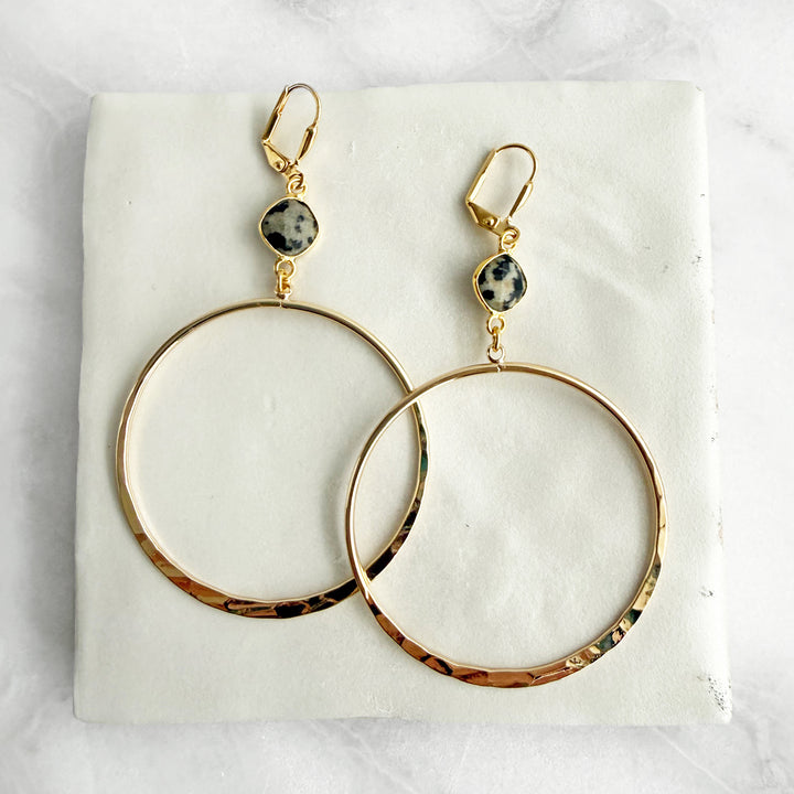 Large Dalmatian Jasper Hoops in Hammered Gold
