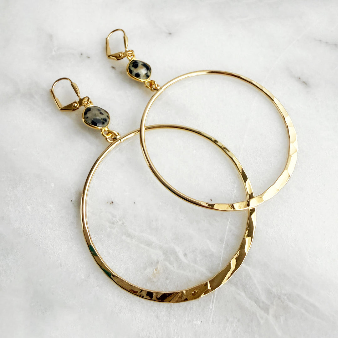 Large Dalmatian Jasper Hoops in Hammered Gold