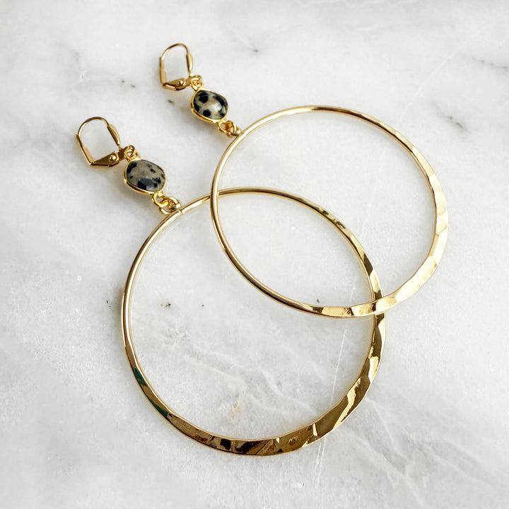 Large Dalmatian Jasper Hoops in Hammered Gold