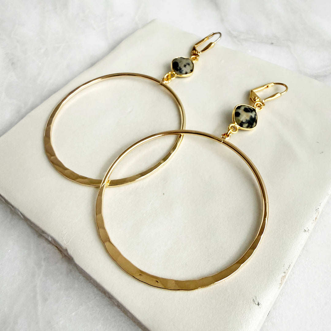 Large Dalmatian Jasper Hoops in Hammered Gold