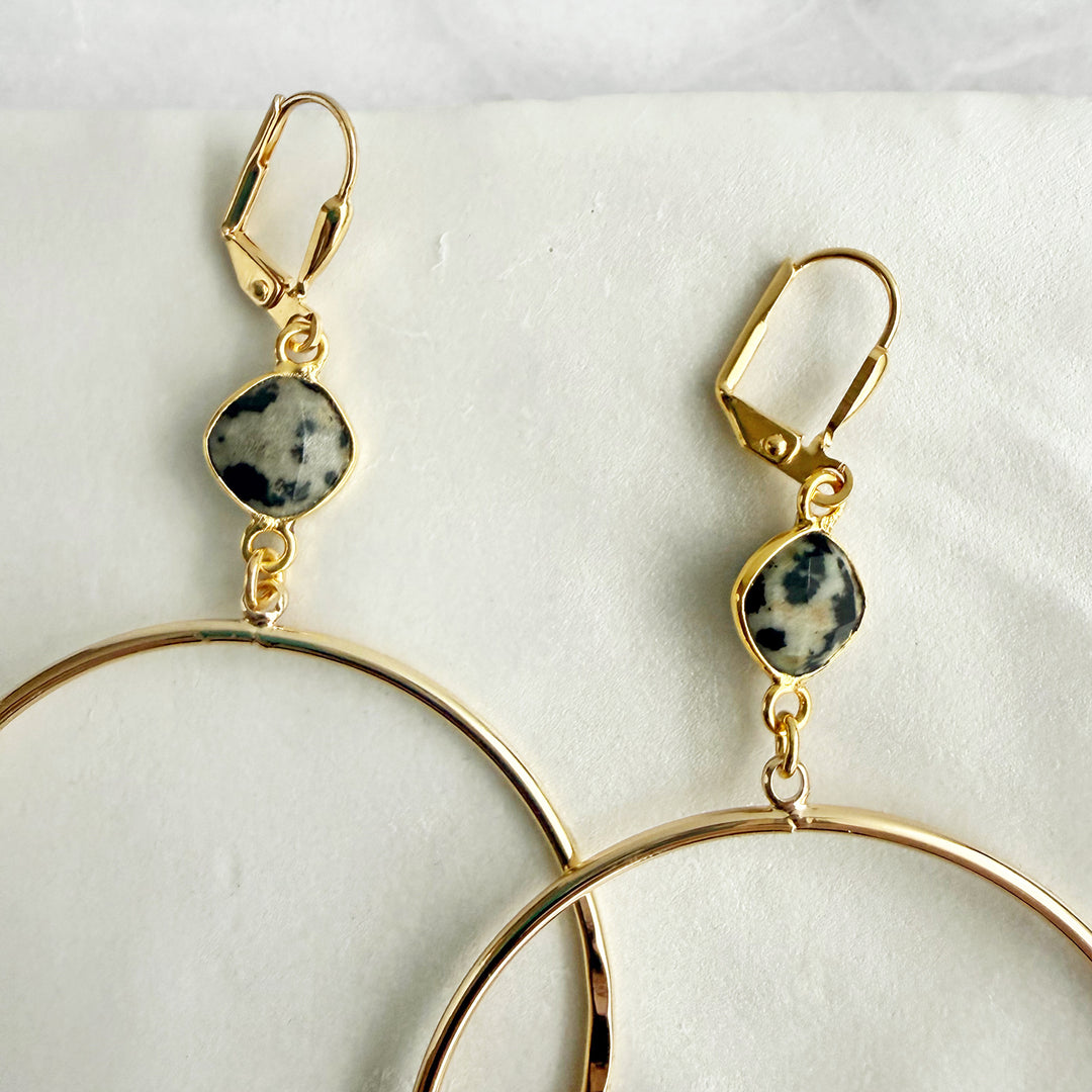 Large Dalmatian Jasper Hoops in Hammered Gold