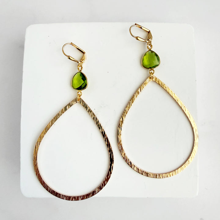 Large Peridot Teardrop Statement Earrings in Brushed Gold