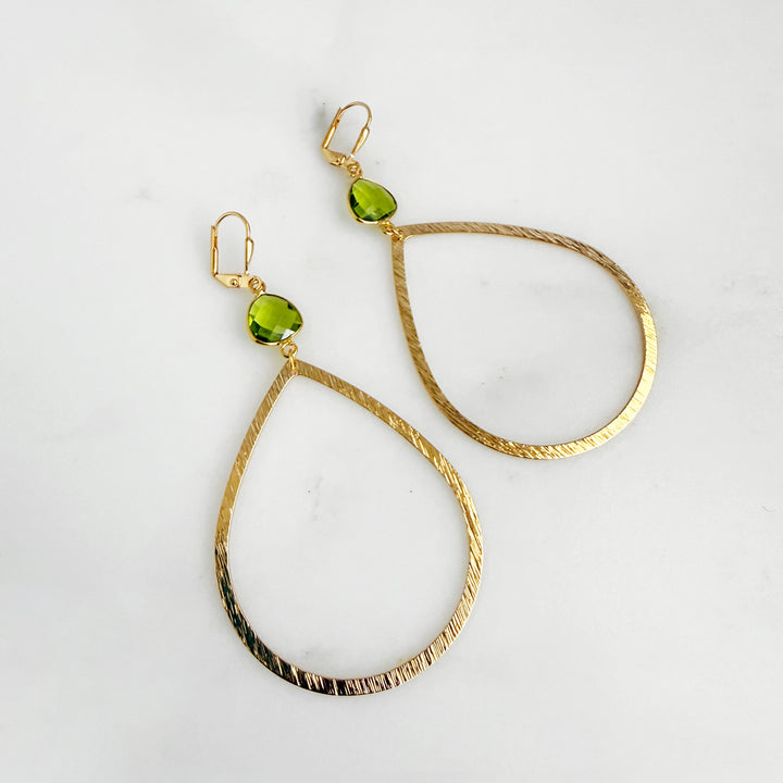 Large Peridot Teardrop Statement Earrings in Brushed Gold