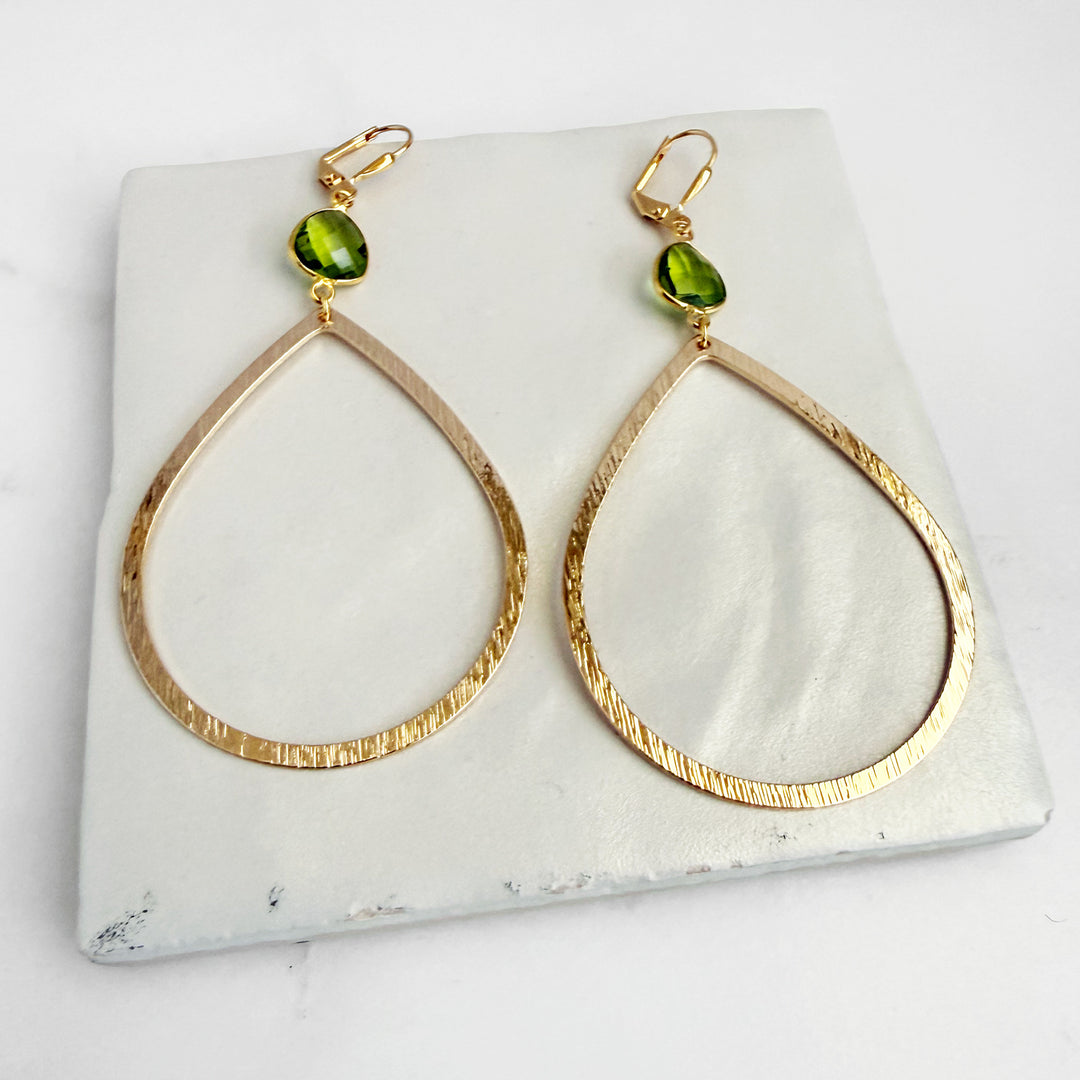Large Peridot Teardrop Statement Earrings in Brushed Gold
