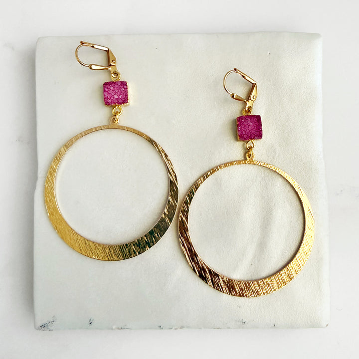Large Pink Druzy Hoop Earrings in Brushed Gold