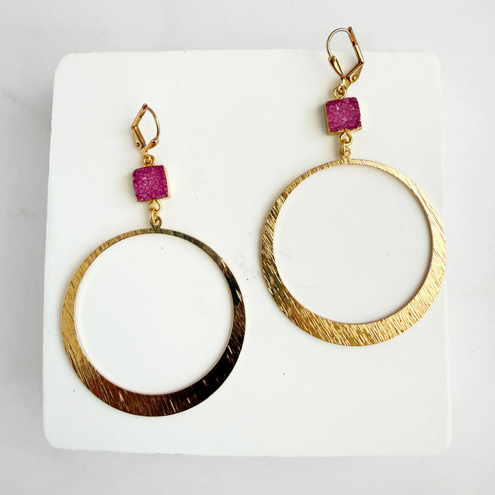 Large Pink Druzy Hoop Earrings in Brushed Gold