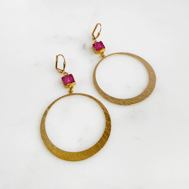 Large Pink Druzy Hoop Earrings in Brushed Gold