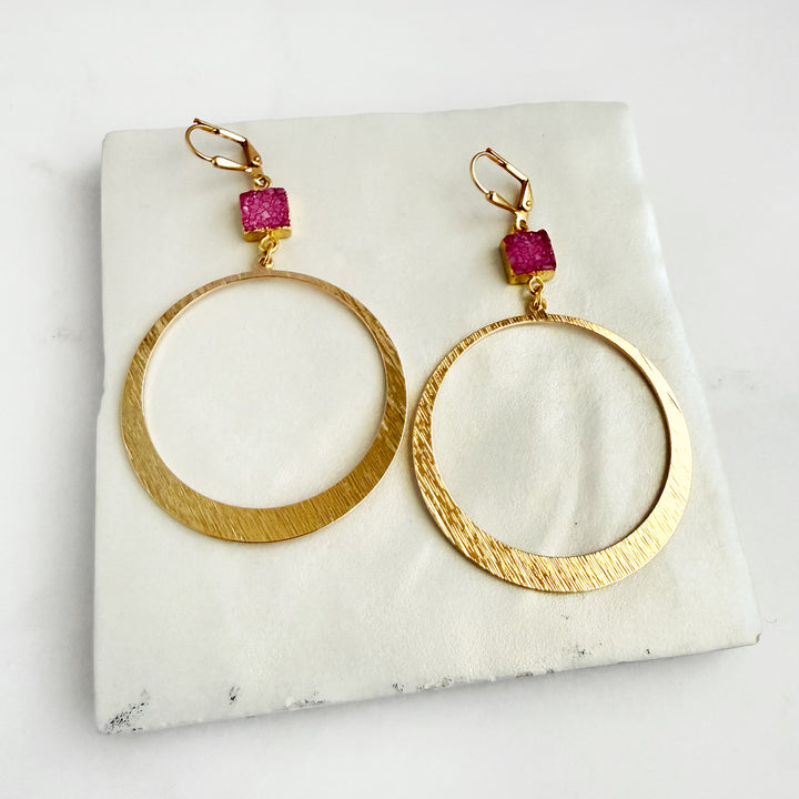 Large Pink Druzy Hoop Earrings in Brushed Gold