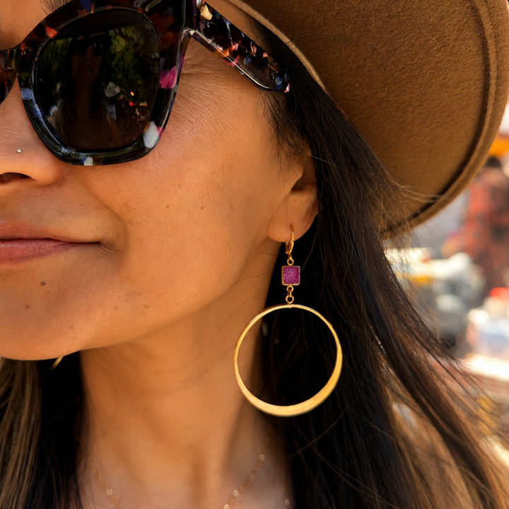 Large Pink Druzy Hoop Earrings in Brushed Gold