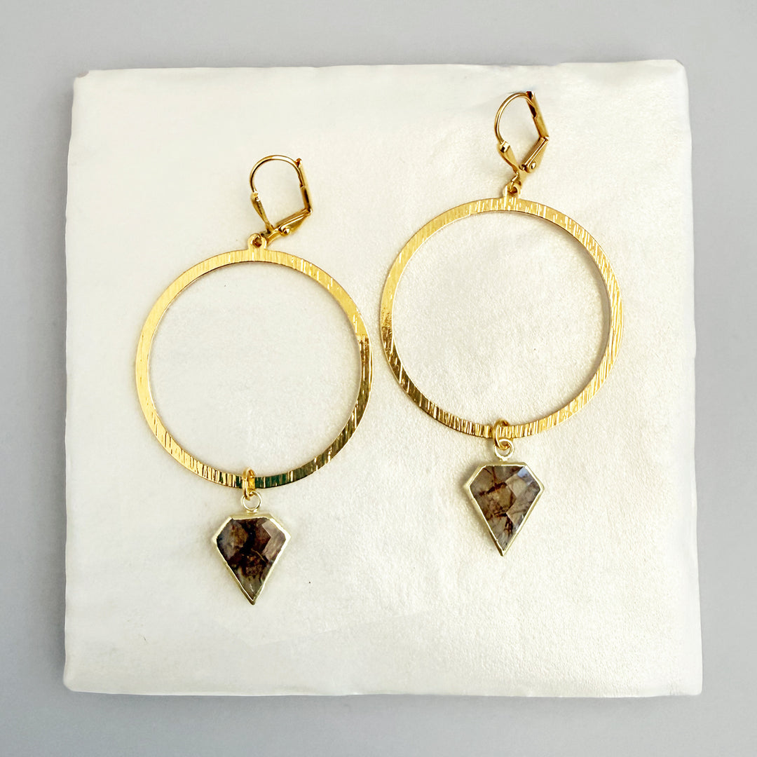 Large Rutilated Quartz Shield Hoop Earrings in Brushed Gold