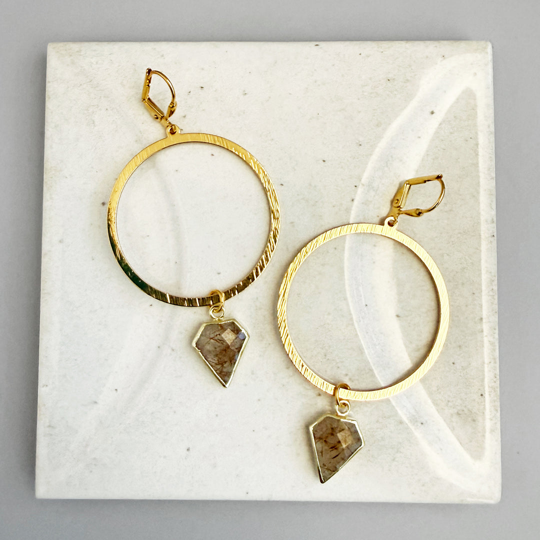 Large Rutilated Quartz Shield Hoop Earrings in Brushed Gold