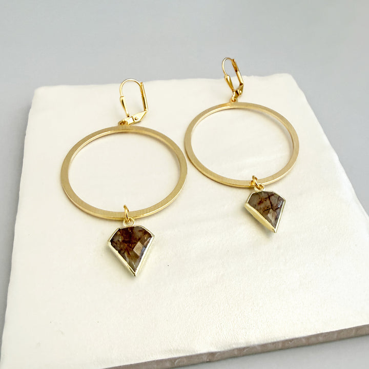 Large Rutilated Quartz Shield Hoop Earrings in Brushed Gold
