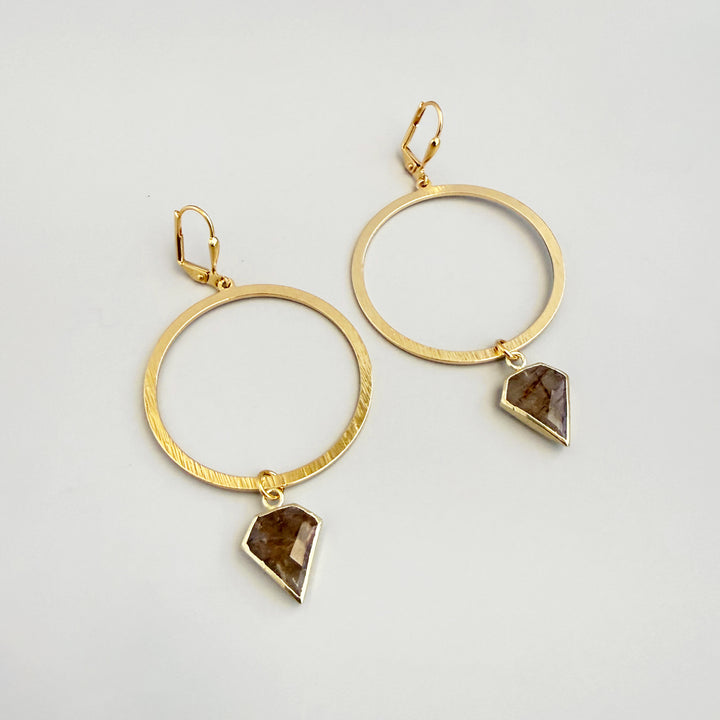 Large Rutilated Quartz Shield Hoop Earrings in Brushed Gold