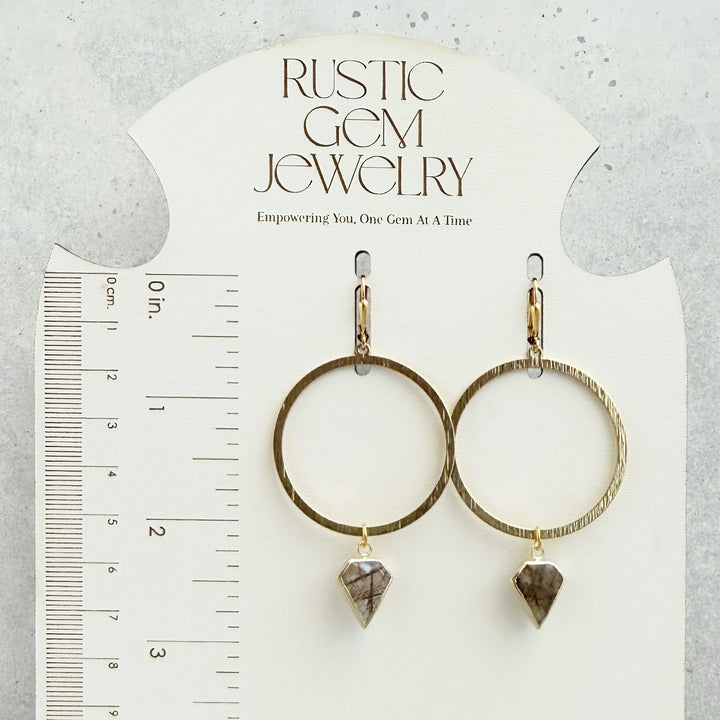 Large Rutilated Quartz Shield Hoop Earrings in Brushed Gold