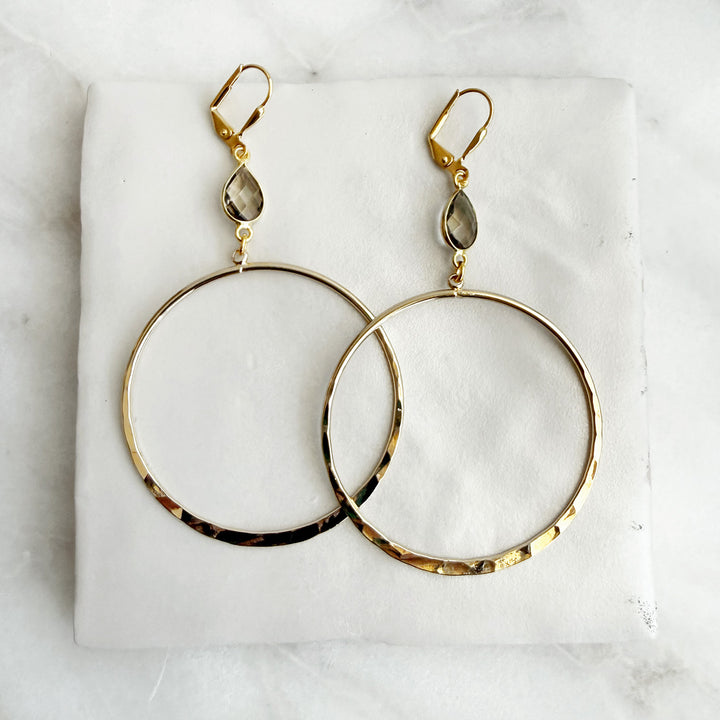 Large Smoky Quartz Hoop Earrings in Hammered Gold