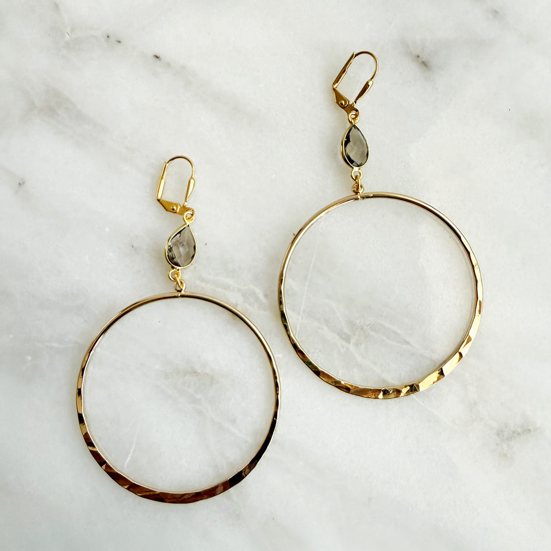 Large Smoky Quartz Hoop Earrings in Hammered Gold