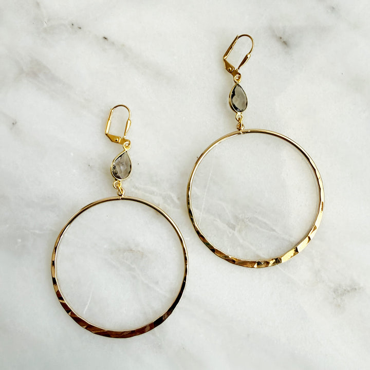 Large Smoky Quartz Hoop Earrings in Hammered Gold