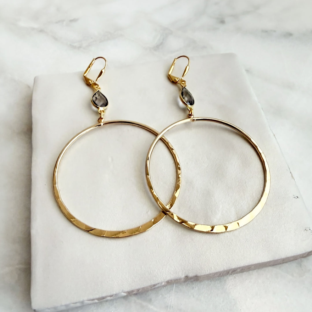 Large Smoky Quartz Hoop Earrings in Hammered Gold