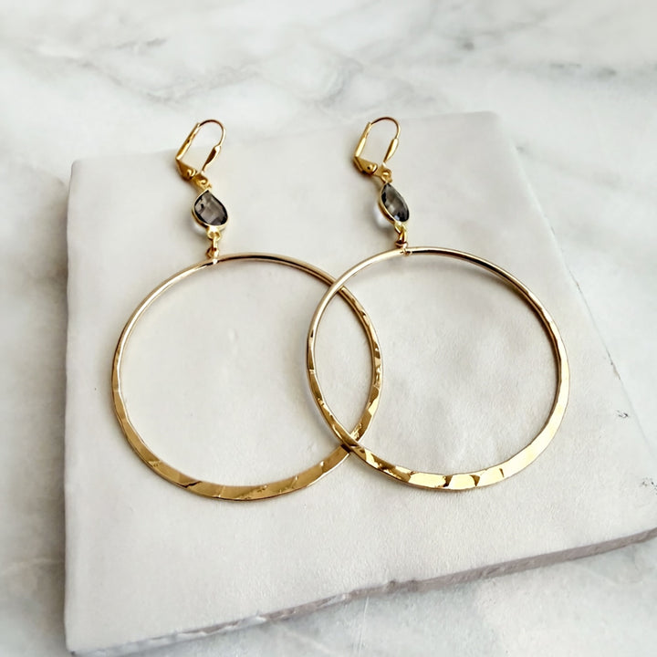 Large Smoky Quartz Hoop Earrings in Hammered Gold