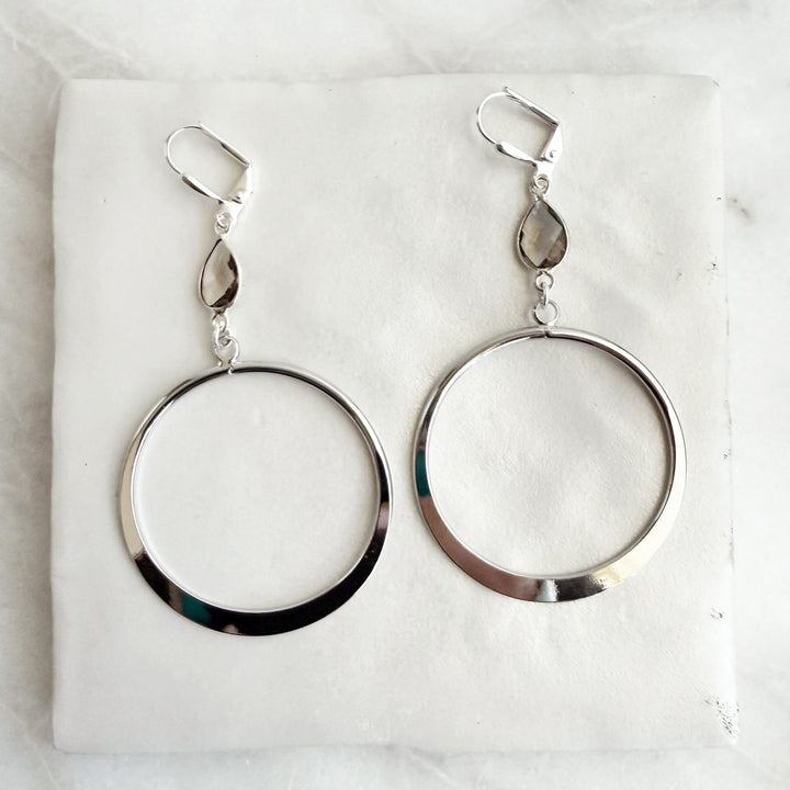 Large Smoky Quartz Hoop Earrings in Silver