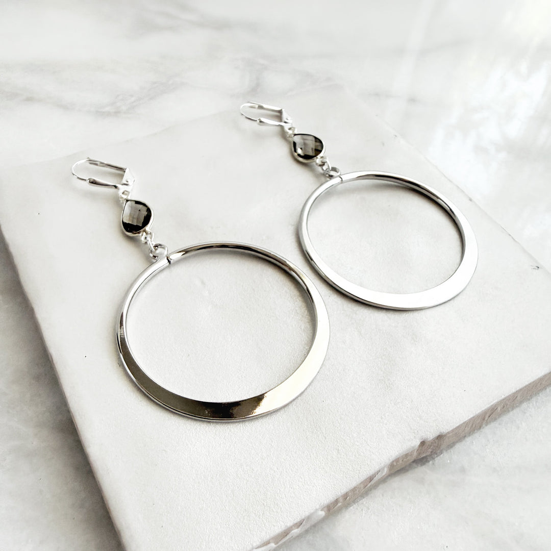 Large Smoky Quartz Hoop Earrings in Silver