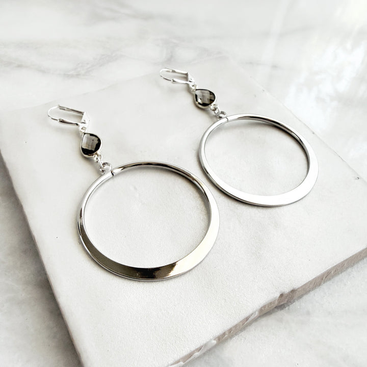 Large Smoky Quartz Hoop Earrings in Silver