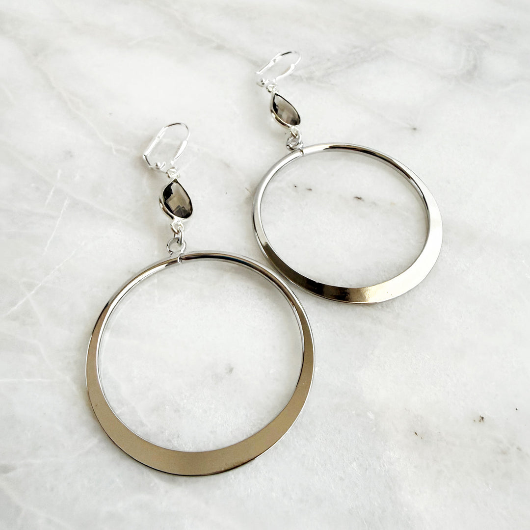 Large Smoky Quartz Hoop Earrings in Silver