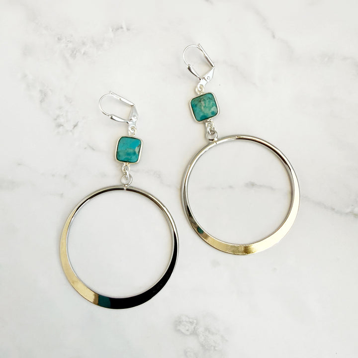 Large Turquoise Hoop Earrings in Silver