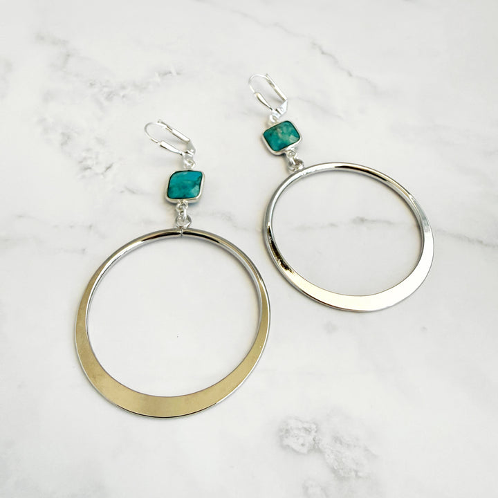 Large Turquoise Hoop Earrings in Silver