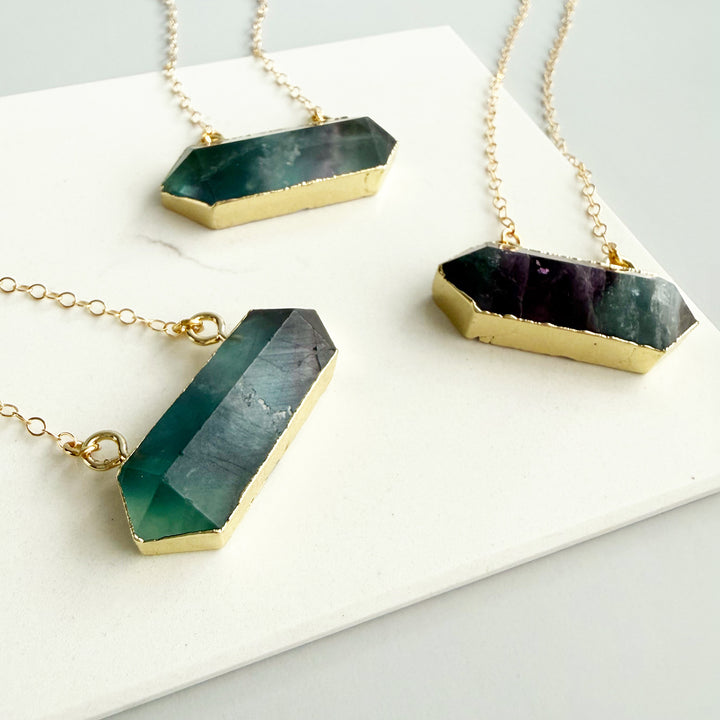 Large Fluorite Stone Bar Necklace in Gold