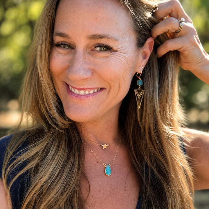 Layered Triangle Brushed Gold Earrings with Ocean Blue Druzy Stones