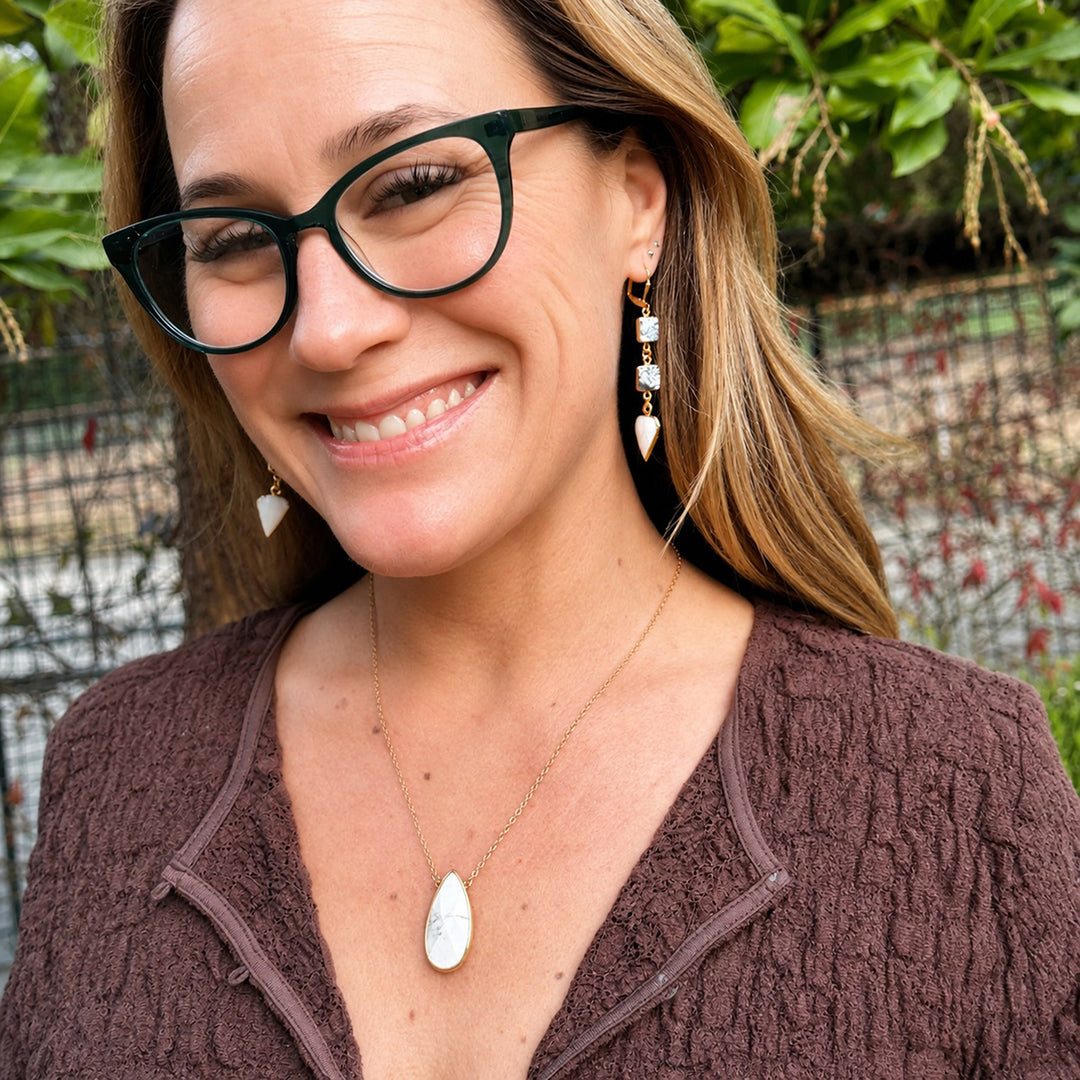Long White Agate and Mojave Triangle Drop Earrings in Gold