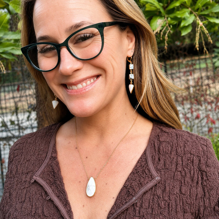 Long White Agate and Mojave Triangle Drop Earrings in Gold