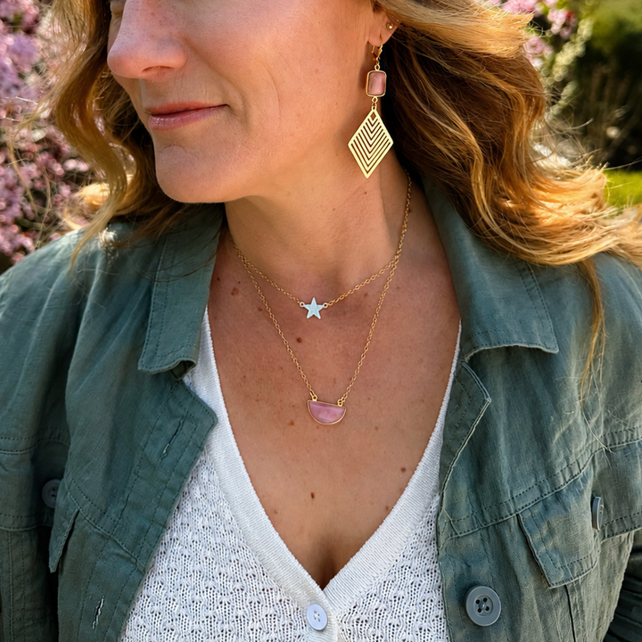 Pink Opal and Patterned Diamond Pendant Earrings in Brushed Gold
