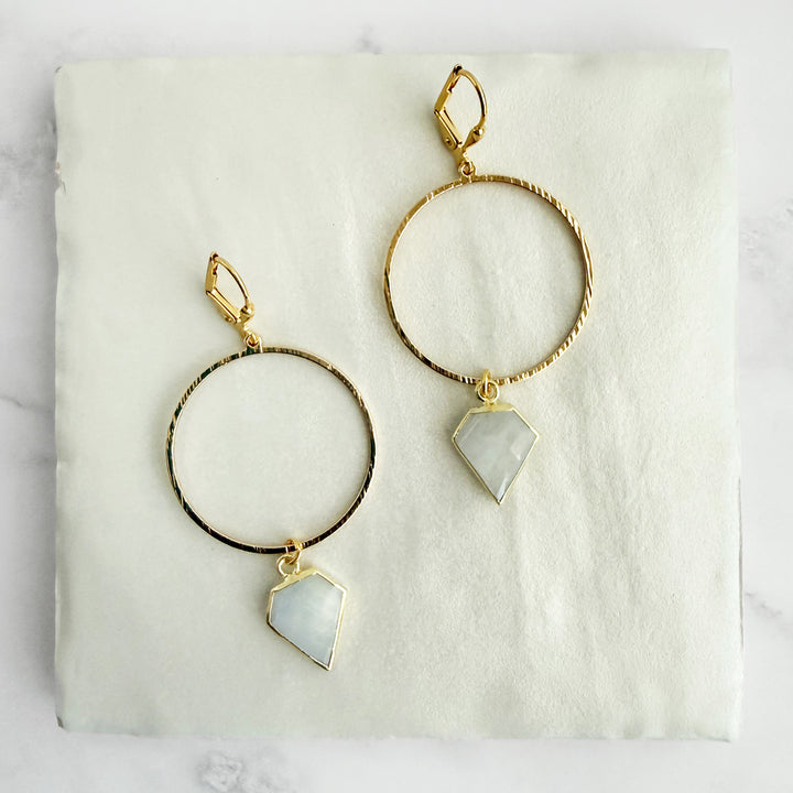 Moonstone Shield Hoop Earrings in Brushed Gold